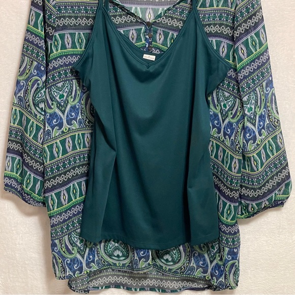 Liz Claiborne Blue Green Abstract Paisley Boho Tunic Blouse, 3/4 Sleeves, Large - Picture 3 of 7
